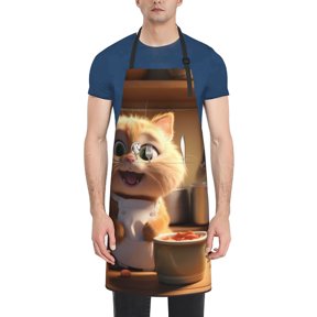 Honeii Cartoon Cooking Cat Print Waterproof Apron, Adjustable Kitchen Apron with Pockets,for Gardening, Dishwashing, Meat Processing, Car Washing, and Pet Grooming