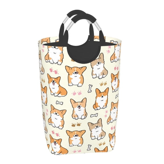 Honeii Cartoon Corgi Print Laundry Hamper Collapsible Laundry Baskets, Freestanding Waterproof Clothes Hamper with Easy Carry Handles