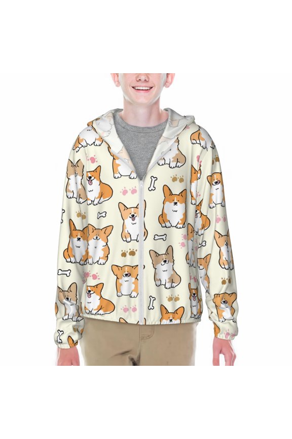 Cartoon Corgi Print Sun Protection Jacket Hooded Cooling Shirt with Pockets Hiking Outdoor Performance-Small