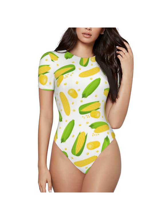 Cartoon Corn Print Women's Crew Neck Short Sleeve Bodysuit Fashion T-shirt Tops-X-Large