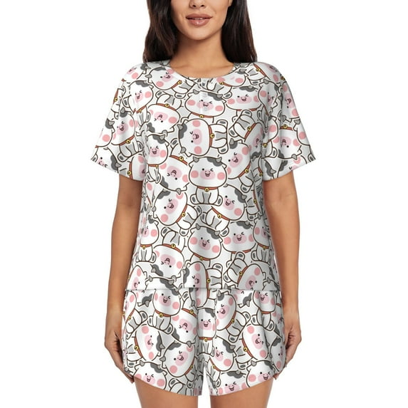 Honeii Cartoon Cow for Women's Summer Pajama Set featuring Soft Short Sleeve Shirt & Matching Bottoms with Convenient Pockets for Relaxed Home Wear-XX-Large