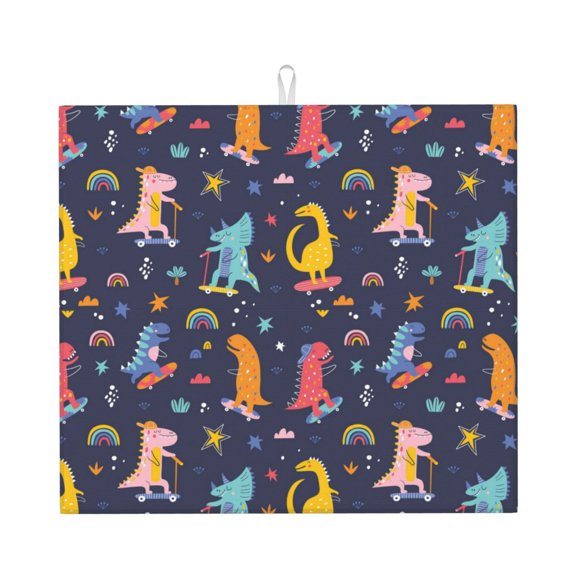 Honeii Cartoon Dinosaur for Dish Drying Mat for Kitchen Counter, Non-slip Rubber Backed, Hide Stain Kitchen Super Absorbent Draining Mat, Dish Rack Pad