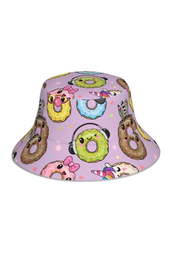 Cartoon Donuts for Unisex Bucket Hat Waterproof Rain Hat Reversible Shiny Rave Bucket Hat for Concert Festival Boonie Cap