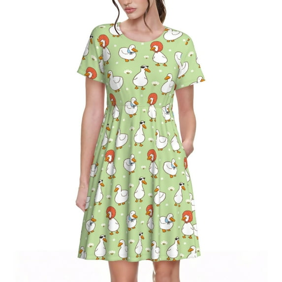 Honeii Cartoon Duck Print Women’s Short Sleeve Dress, Comfortable Casual Dress, Soft Polyester Spandex Blend, Stylish Everyday Wear for Summer, Perfect for Travel and Vacation