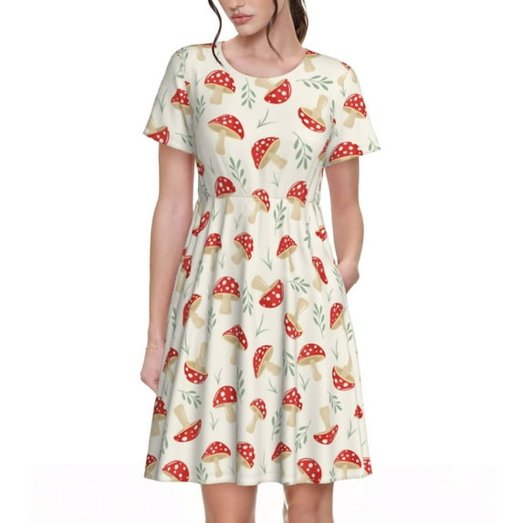 Honeii Cartoon Flat Mushrooms Print Women’s Short Sleeve Dress, Comfortable Casual Dress, Soft Polyester Spandex Blend, Stylish Everyday Wear for Summer, Perfect for Travel and Vacation