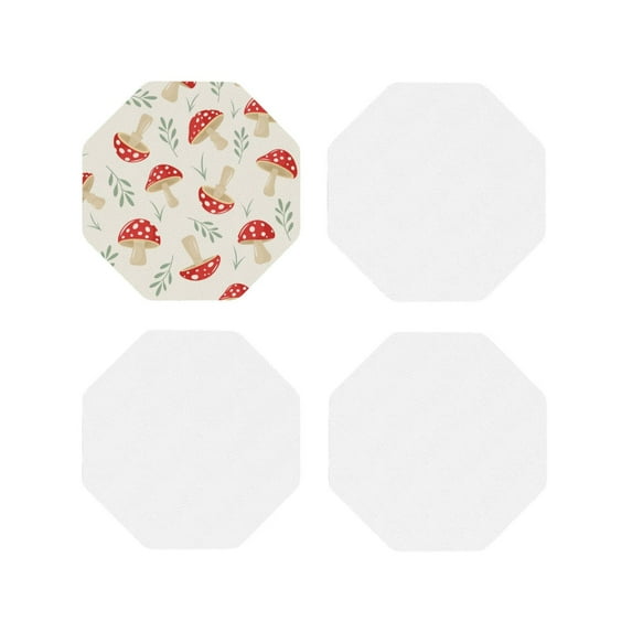 Honeii Cartoon Flat Mushrooms print Leather Coaster Set of 4, ideal for safeguarding your furniture from drinks spills and effortless cleanup-Octagon