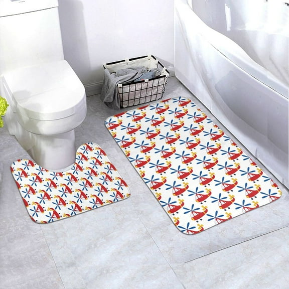 Honeii Cartoon Helicopter Pattern Bathroom Anti-Skid Pad Bathroom Mat Vintage Seamless Pattern Not-Slip Toilet Rug Set