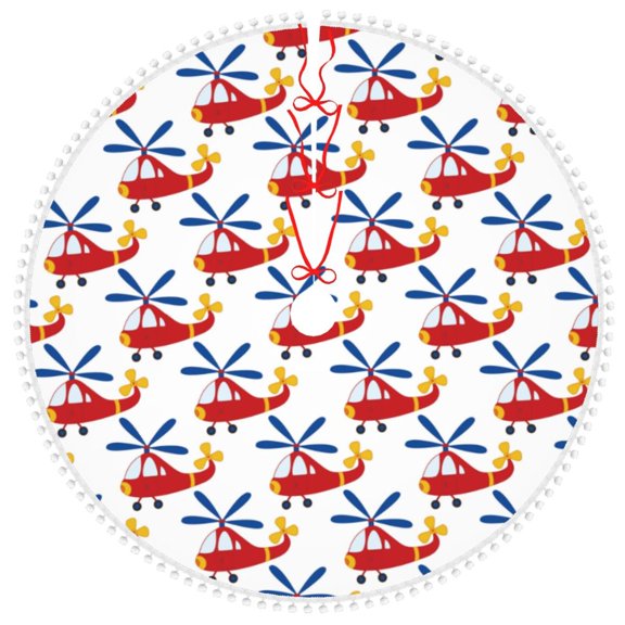 Honeii Cartoon Helicopter Print Christmas Tree Skirt with Pom Pom Tree Skirt Christmas Tree Mat Plush Xmas Tree Skirt for Decorations Holiday Party-