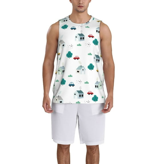 Honeii Cartoon House Car print basktball shirt for men and women, Unisex basketball jersey for Theme party-Large