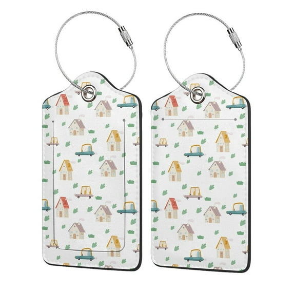 Honeii Cartoon House Print Leather Luggage Tag for Suitcases,ID Tags,Bag Tags for Luggage,Functional Travel Tag-2 PCS