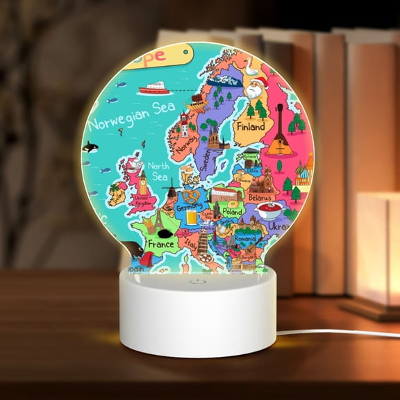 Honeii Cartoon Map Of Europe Print Acrylic LED Night Lamp,Round Touch-Control Night Light with 3 Lighting Modes,for Bedrooms, Living Rooms, and Gifting