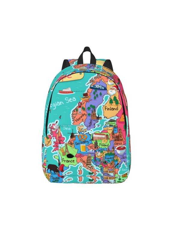 Cartoon Map Of Europe Print Canvas College Laptop Backpack, Durable Rucksack Travel Notebook Bag School Backpack Book Bag for Men Women-Medium