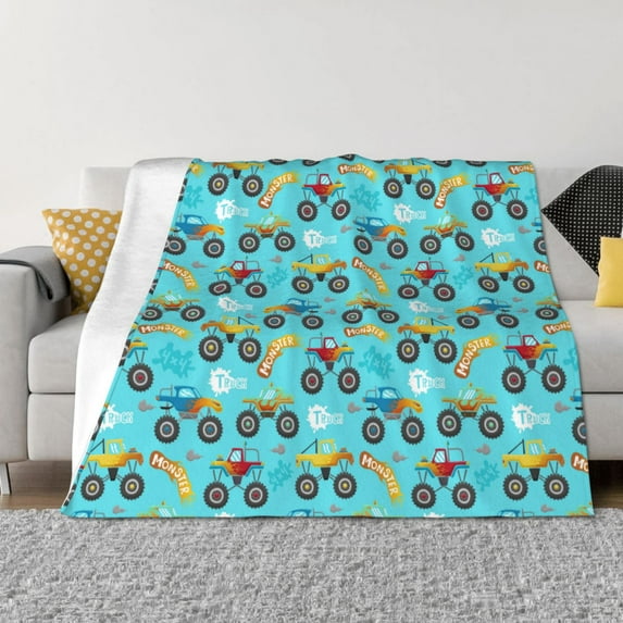 Honeii Cartoon Monster Truck print throw blanket, crafted from cozy cotton flannel, offers versatile home decor as a bedding suitable for all seasons.-50"x40"