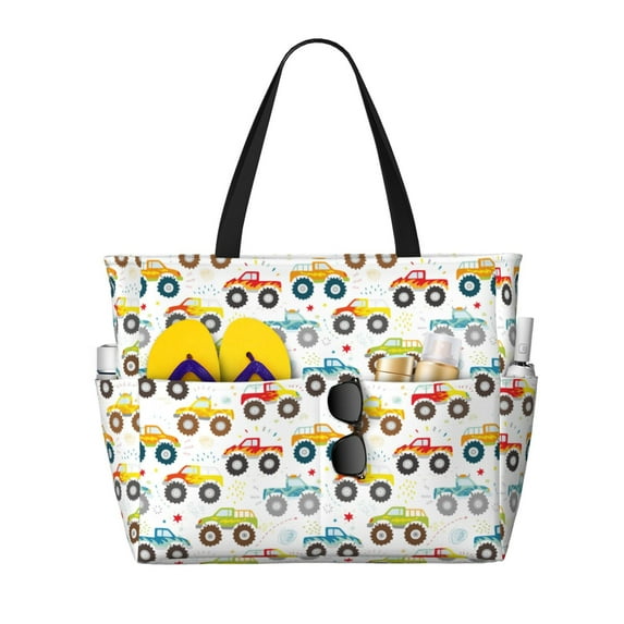 Honeii Cartoon Monster Trucks for Tote Bag with Adjustable Strap,Beach Bag, Waterproof Sandproof Beach Tote Bag, Large Capacity Foldable Beach Bags