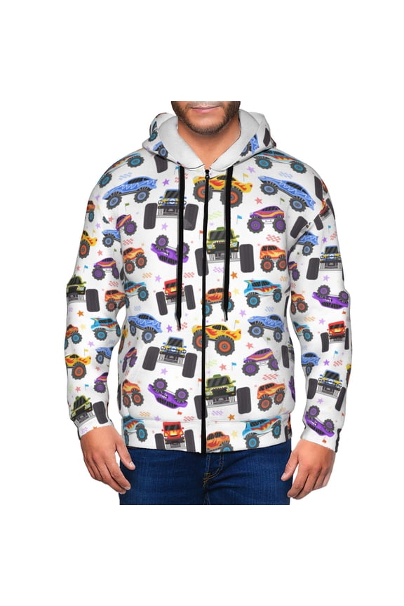 Cartoon Monster Trucks1 Print Hoodies for Men, Pullover & Full Zip, Breathable Zip up Hoodie, Sweatshirt-Medium