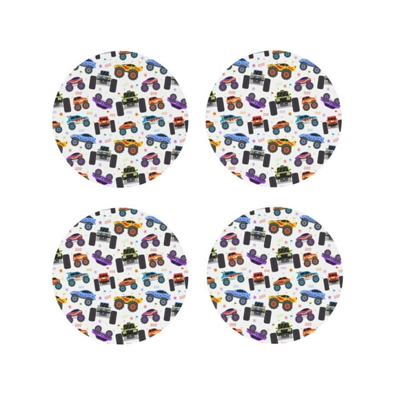 Honeii Cartoon Monster Trucks1 print Leather Coaster Set of 4, ideal for safeguarding your furniture from drinks spills and effortless cleanup-Round Shape