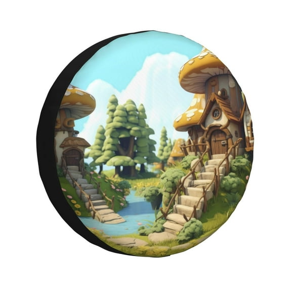 Honeii Cartoon Mushroom House Print Tire Covers, Waterproof Anti-UV Sun Snow Rain Tire Covers for Trailers, RV, Camper, SUV, Truck-15 inch