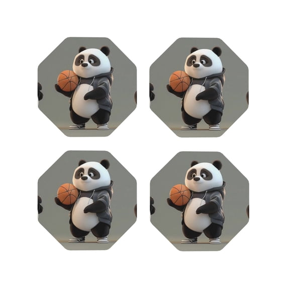 Honeii Cartoon Pandas Basketball Print Leather Coaster Set of 4, Ideal for Safeguarding Your Furniture from Drinks Spills and Effortless Cleanup-Octagon