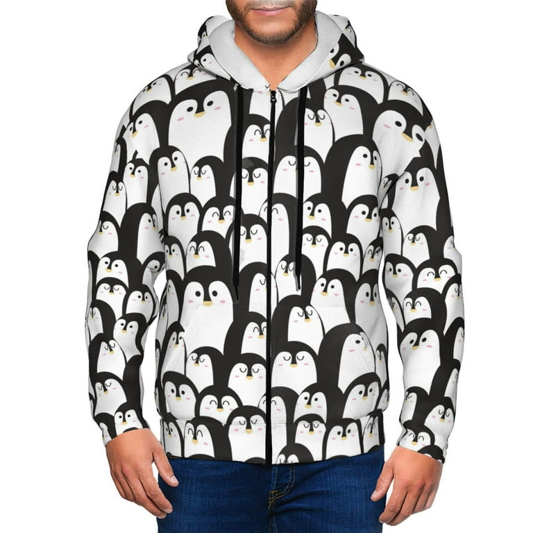 Honeii Cartoon Penguin Print Hoodies for Men Pullover Full Zip Breathable Zip up Hoodie Sweatshirt Large