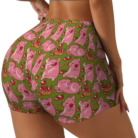 Honeii Cartoon Pigs Print Women's Workout Shorts, Gym Shorts for Active Wear, Sports Shorts,Women's Running Shorts,Quick Dry Athletic Shorts-Medium