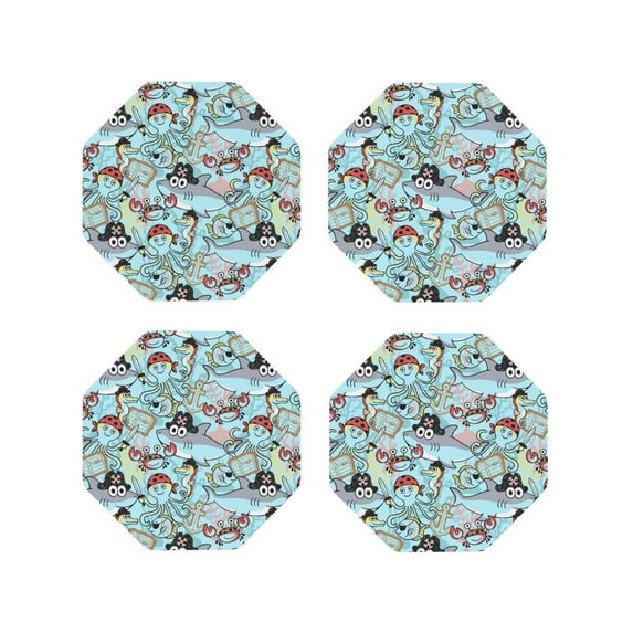 Honeii Cartoon Pirate print Leather Coaster Set of 4, ideal for safeguarding your furniture from drinks spills and effortless cleanup-Octagon
