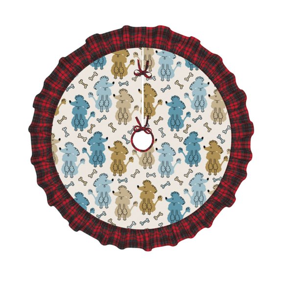 Honeii Cartoon Poodle Dog Pattern Christmas Tree Skirt, Christmas Ribbon Holly Winter Holiday Tree Mat Decoration-48"