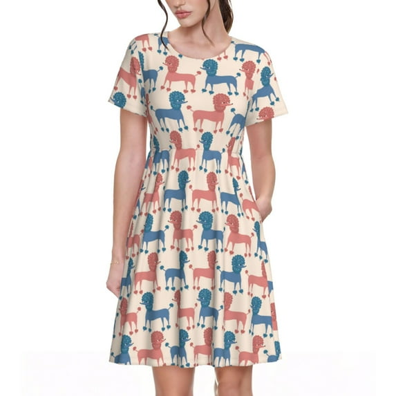 Honeii Cartoon Poodle Dog Print Women’s Short Sleeve Dress, Comfortable Casual Dress, Soft Polyester Spandex Blend, Stylish Everyday Wear for Summer, Perfect for Travel and Vacation