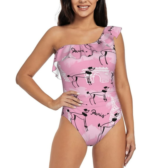 Honeii Cartoon Poodle Dog for women's one-piece swimsuit featuring a chic one-shoulder design experience elegance and style in the water-X-Large