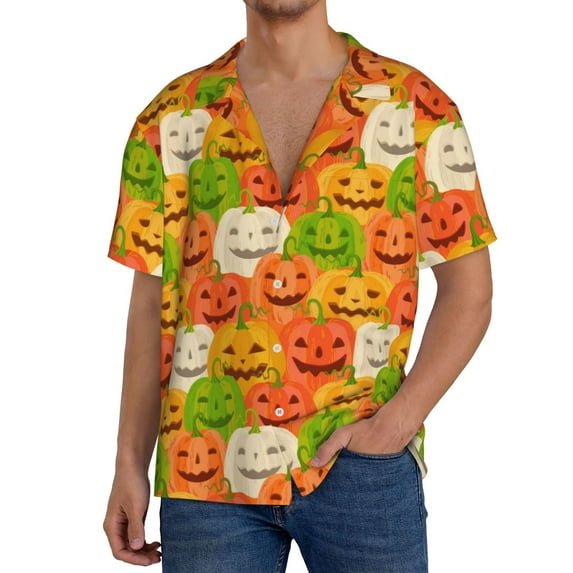 Honeii Cartoon Pumpkins for Men's Short-Sleeved Button-Up Collared Shirt Featuring A Pocket, Perfect for Beach Vacations, And Travel Adventures.-Medium