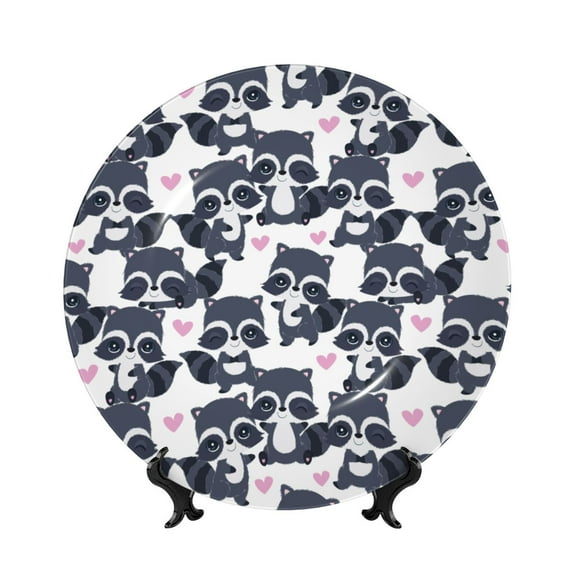Honeii Cartoon Raccoon Print Elegant Bone China Decorative Plate, Porcelain Plate,Art Crafts,Ceramic Ornaments for Home Office Wall Decor-6in