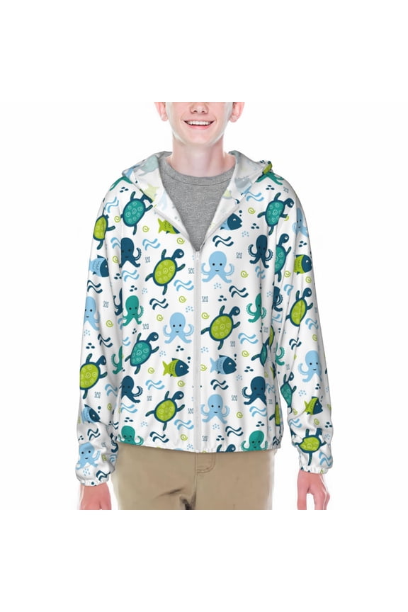 Cartoon Sea Creatures Print Sun Protection Jacket Hooded Cooling Shirt with Pockets Hiking Outdoor Performance-Large