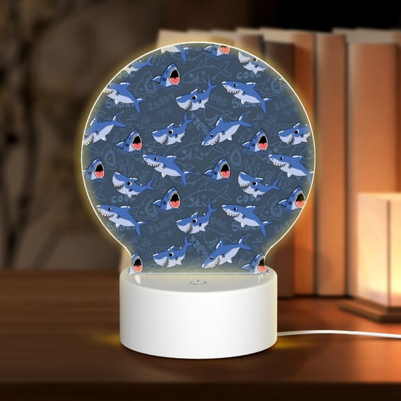 Honeii Cartoon Shark Print Acrylic LED Night Lamp,Round Touch-Control Night Light with 3 Lighting Modes,for Bedrooms, Living Rooms, and Gifting