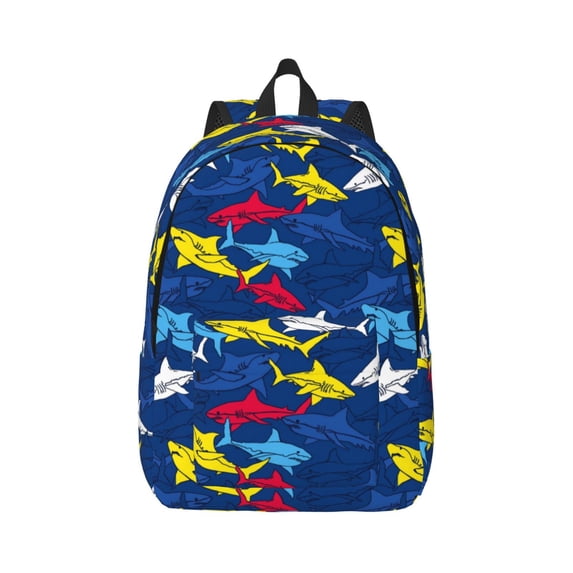 Honeii Cartoon Shark Print Canvas College Laptop Backpack, Durable Rucksack Travel Notebook Bag School Backpack Book Bag for Men Women-Small