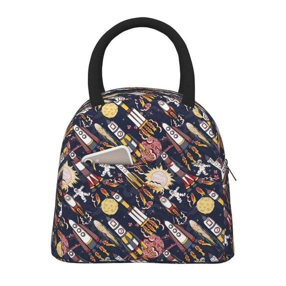 Honeii Cartoon Space 1 Print Insulated Lunch Bag Women Reusable Lunch Box with Pocket for Work Picnic Travel -One Size