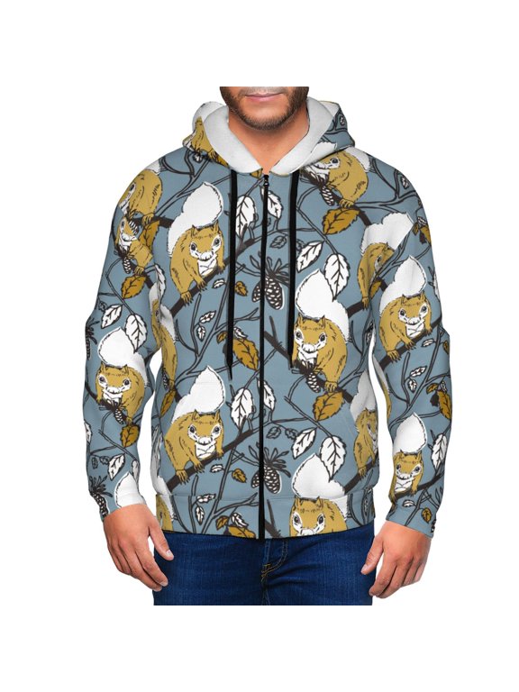 Cartoon Squirrel on Branch Print Hoodies for Men, Pullover & Full Zip, Breathable Zip up Hoodie, Sweatshirt-3X-Large