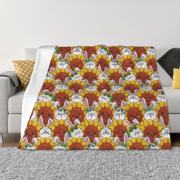 Honeii Cartoon Sunflowers print throw blanket, crafted from cozy cotton flannel, offers versatile home decor as a bedding suitable for all seasons.-50"x40"