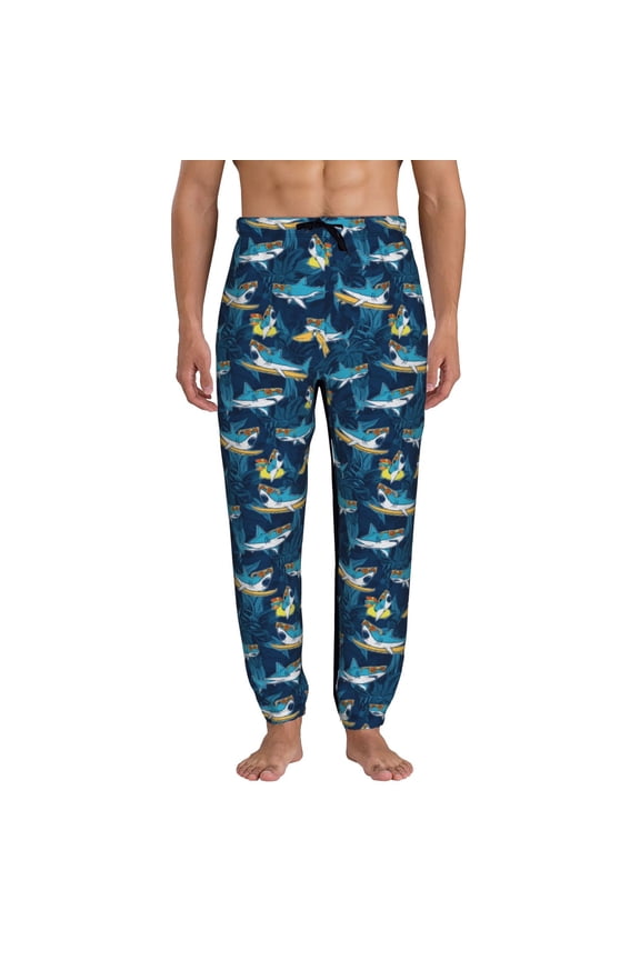 Cartoon Surfer Sharks Print Mens Jogger Sweatpants, Men's Lounge Pants with Pockets-Small