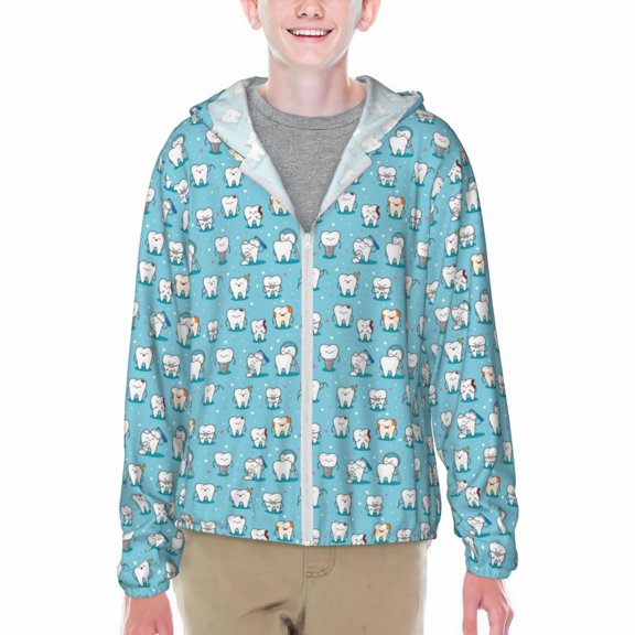 Honeii Cartoon Teeth Print Sun Protection Jacket Hooded Cooling Shirt with Pockets Hiking Outdoor Performance-Small
