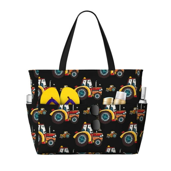 Honeii Cartoon Tractor for Tote Bag with Adjustable Strap,Beach Bag, Waterproof Sandproof Beach Tote Bag, Large Capacity Foldable Beach Bags