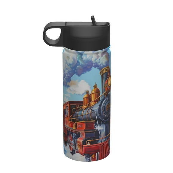 Honeii Cartoon Train Hot Air Balloon Print 18 oz Insulated Water Bottle with Straw Lid, Stainless Steel Sports Water Bottles, Double Walled Vacuum, Leak Proof