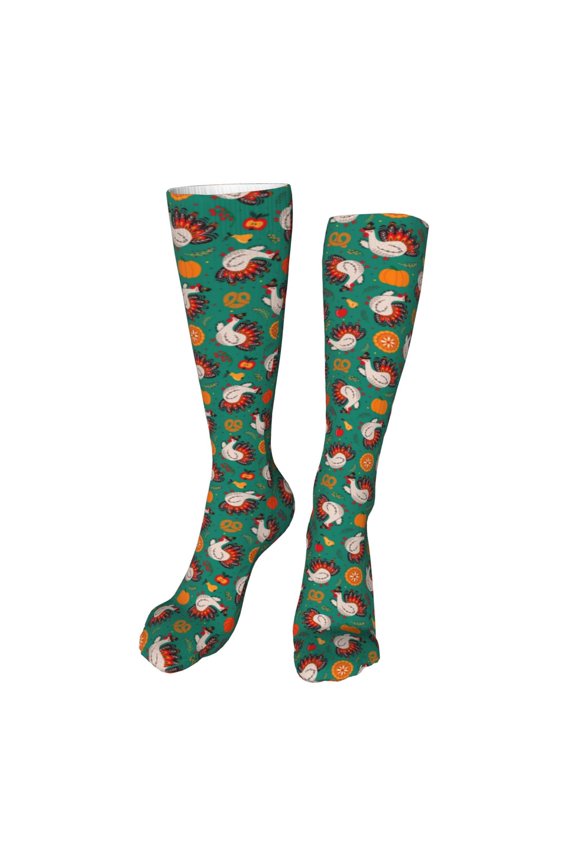 Cartoon Turkey Print Calf Socks Sports Socks Seamless Toe, Trouser Socks,Knee High Long Socks for Women and Men-One Size