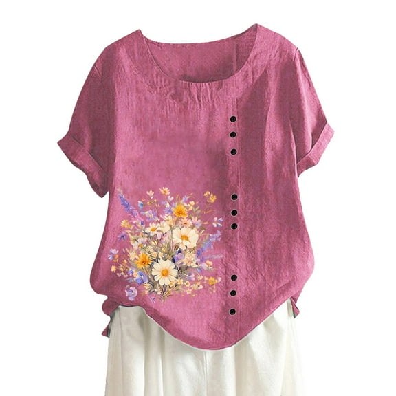 Women's T-Shirts Women's Summer Comfort Linen Round Neck Short Sleeve Button Flower Print Top for Casual Wear and Everyday Fashion