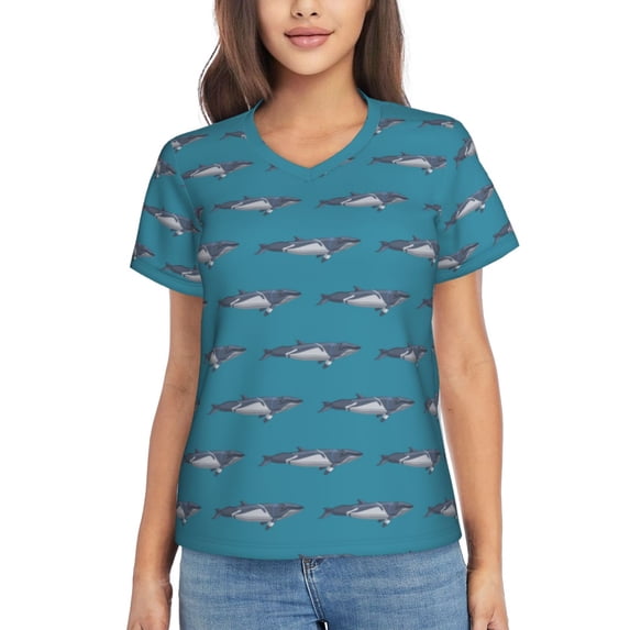 Honeii Cartoon Whale Print Women's Classic V-Neck T-Shirt,Womens Fashion Tops,Stylish Everyday Top for Women, Casual Summer Spring Outfits Clothes-Small