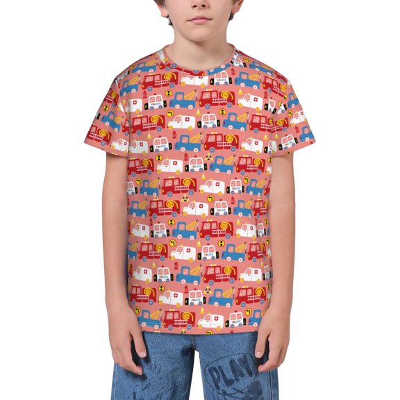 Honeii Cartoon with Traffic Elements Print Youth Short Sleeve T-Shirt,Boys Athletic Shirt,Quick Dry Short Sleeve Performance Moisture Wicking T Shirt