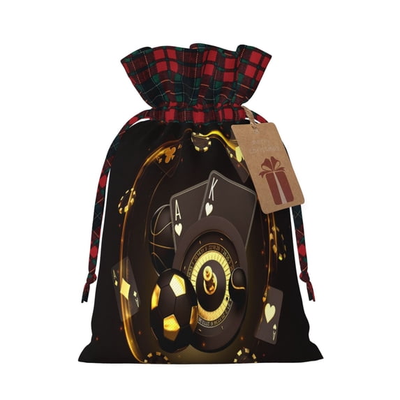 Honeii Casino Card Soccer Print Small Burlap Bags,Christmas Drawstring Treat Bags Gift Bags Reusable Candy Goodie Wrapping Bags for Holiday Party Favors Supplies -Black