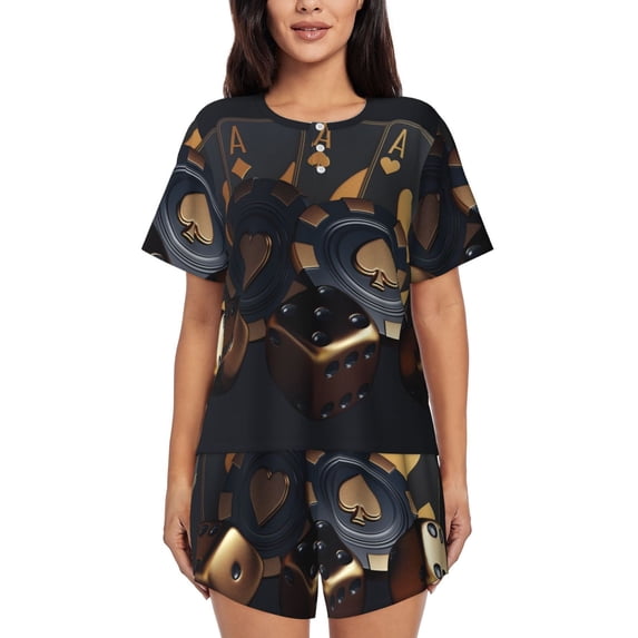 Honeii Casino Cards Poker for Women's Summer Pajama Set featuring Soft Short Sleeve Shirt & Matching Bottoms with Convenient Pockets for Relaxed Home Wear-XX-Large