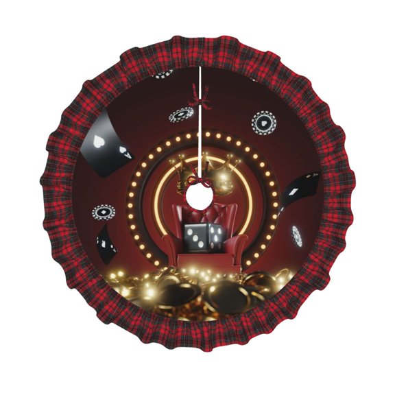 Honeii Casino King And Playing Cards Pattern Christmas Tree Skirt, Christmas Ribbon Holly Winter Holiday Tree Mat Decoration-36"