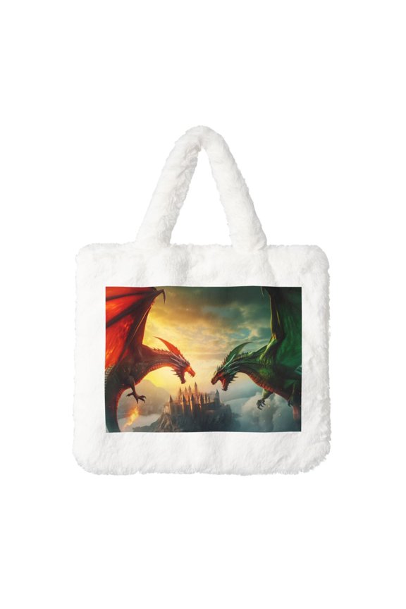 Castle Red Green Sky Dragon Print Fluffy Shoulder Bag Plush Bags Women Ladies Tote Bag Fluffy Furry Purse Handbag for Autumn and Winter