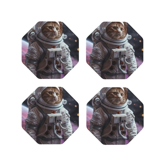 Honeii Cat Astronaut In Space Print Leather Coaster Set of 4, Ideal for Safeguarding Your Furniture from Drinks Spills and Effortless Cleanup-Octagon