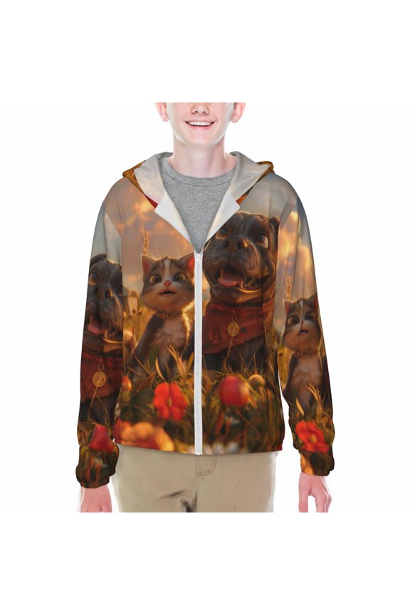 Cat Dog Friendship Print Sun Protection Jacket Hooded Cooling Shirt with Pockets Hiking Outdoor Performance-XX-Large